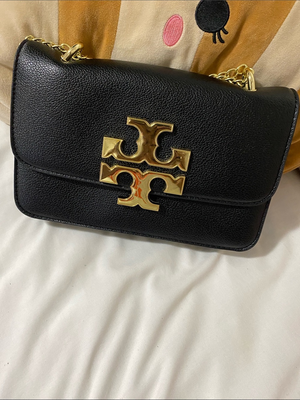 Tory Burch Black Leather Shoulder Bag with Gold Logo Chain